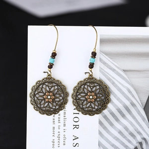 Vintage Bohemian Alloy Hollow Flower Dangle Earrings With Wood Turquoise Beads Ethnic Bronze Jewelry For Women Vacation