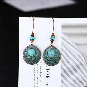 Orecchini Pendenti Tondi Vintage Bohemian Donna Retro Bronzo Lega Turchese Traforati Orecchini Etnici Tribali Accessorio Gioielli