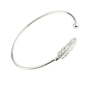 Adjustable silver feather and bead open cuff bracelet in polished metallic finish