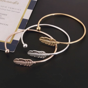 Three-piece leaf feather open cuff bracelets in gold, silver, and rose gold finishes