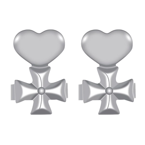 Silver earring lifters with a heart and Maltese cross design on a white background
