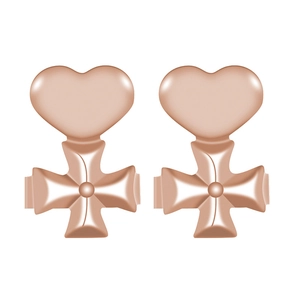 Macro shot of rose gold earring lifters with heart and cross design for support