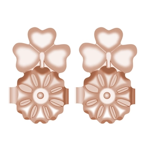 Rose gold heart clover earring lifters pair on white background for secure stud fit
