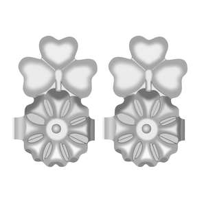 Silver clover heart earring lifters backings with decorative polished metal finish