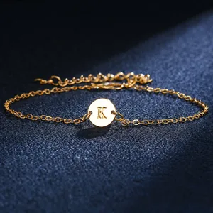 Elegant Gold Alloy Bracelet Circular Pendant English Initial Letter Adjustable Chain Minimalist Hand Jewelry For Women Gift