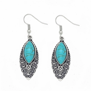 Vintage Bohemian Alloy Synthetic Turquoise Drop Earrings For Women Antique Silver Hollow Out Ethnic Style Jewelry Accessories