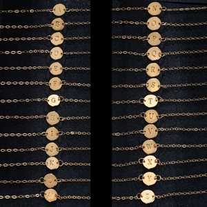 Golden round pendant letter bracelets from A to Z with delicate link chain