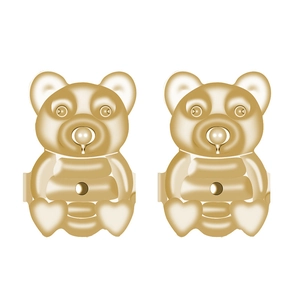 Macro view of two 3D gold teddy bear ear lift charms with heart shaped feet