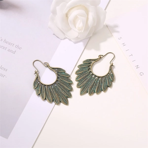 Vintage bronze feather fan earrings in bohemian style with antique patina and wire hooks
