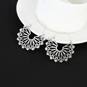 Vintage bohemian style silver hollow fan-shaped drop earrings with geometric design