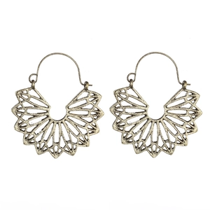 Vintage bohemian bronze hollow fan earrings with geometric design on white background