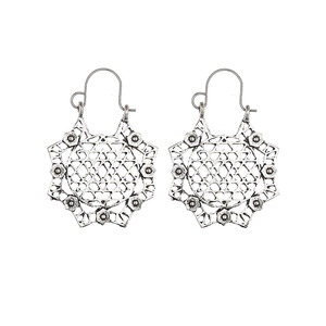 Bohemian style hollow octagon dangle earrings in antique silver finish with ear hooks