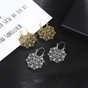 Vintage Bohemian Mandala Hollow Out Geometric Alloy Hook Earrings For Women Antique Gold Silver Ethnic Jewelry Accessory Gift