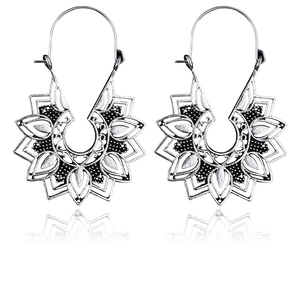 Bohemian mandala hollow carved alloy drop earrings in vintage silver finish with hooks