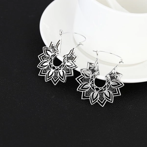 Vintage bohemian hollow mandala drop earrings in antique silver finish for women