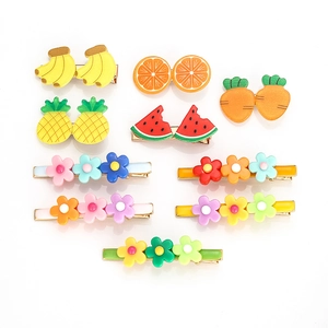Cute 2-piece set of colorful flower and fruit hair clips for women with resin finish