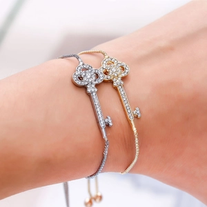 Alloy Key Pendant Bracelet For Women Simple Minimalist Adjustable Bolo Chain Rhinestone Inlaid Fashion Jewelry Gold Silver Plated