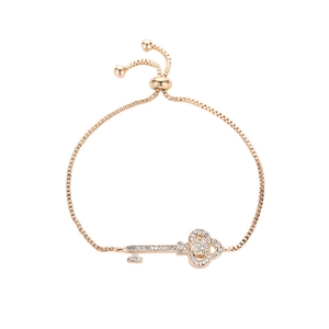 Rose gold adjustable key bracelet with crystal pave pendant and box chain for women