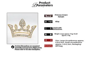 Detailed size specifications for the gold crystal crown hair clips with rhinestone inlay
