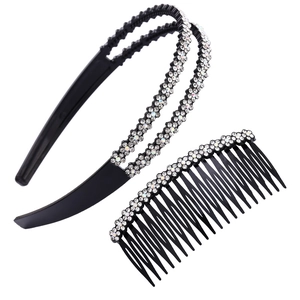 Double-layered black headband and hair comb set with sparkling white rhinestones