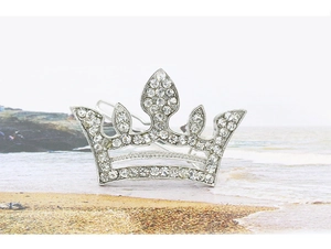 Detail of a silver tiara hair clip featuring sparkling white crystals and crown design