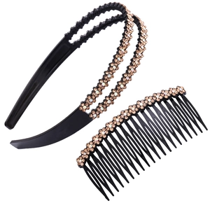 Double-layer crystal headband and wide comb set with black resin and rhinestones