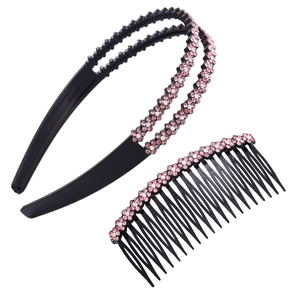 Double-layered black plastic headband and hair comb set with sparkling pink rhinestones