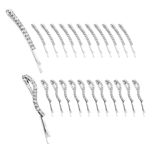 Set of 24 silver metal hair clips with rhinestones in straight and wavy designs