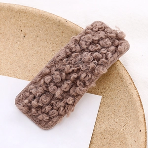 Cute brown plush rectangular hair clip for girls with soft curly faux fur texture