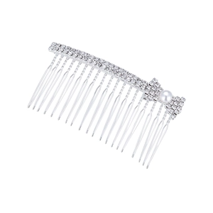Silver bridal hair comb with elegant rows of rhinestones and a large white pearl detail