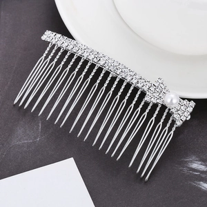 Elegant silver hair comb with double row rhinestones and a pearl bow accent