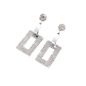 Elegant silver rectangle drop earrings with sparkling rhinestones and floral crystal studs