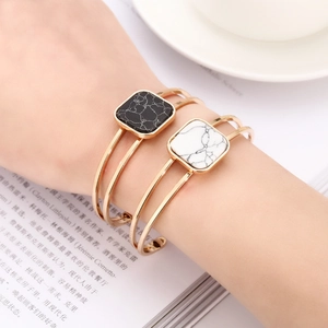 Minimalist Double Line Hollow Open Cuff Bracelet For Women Alloy Gold Marble Pattern Square Stone Inlaid Korean Fashion Jewelry