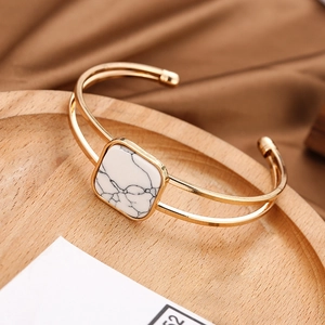 Elegant gold double-layer open cuff bracelet with white marble square stone inlay