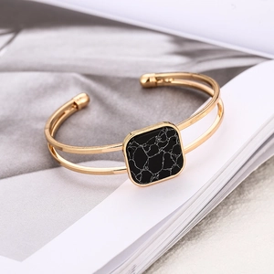 Double-layered rose gold open bangle with a square black marble stone insert for women