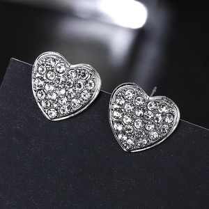 Sparkling Rhinestone Heart Shaped Stud Earrings Silver Plated Alloy Elegant Jewelry For Women Daily Dating Fashion Accessory