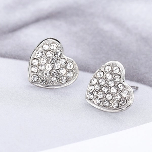 Elegant silver heart-shaped stud earrings with sparkling pave-set crystal rhinestones
