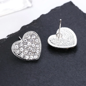 Elegant silver-plated heart stud earrings with sparkling pave-set crystal rhinestones