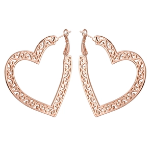 Elegant rose gold hollow heart hoop earrings with intricate filigree geometric patterns