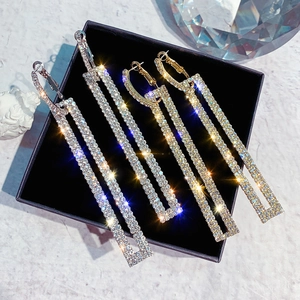 Fashion Rectangle Pave Rhinestone Long Drop Earrings 925 Sterling Silver Earring Post Geometric Dangle Earrings For Women Jewelry