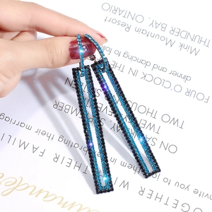 Elegant 925 silver needle rectangle drop earrings with sea blue rhinestones in black frame