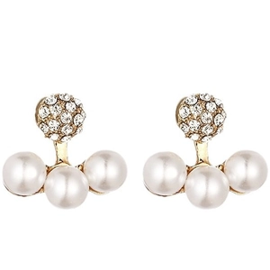 Elegant Korean style gold earrings with sparkling crystal studs and three white pearls