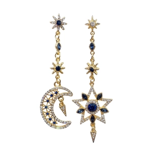 925 silver needle asymmetric star and moon drop earrings with blue and white crystals