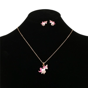 Parure licorne avec collier pendentif émaillé et boucles d'oreilles assorties or rose