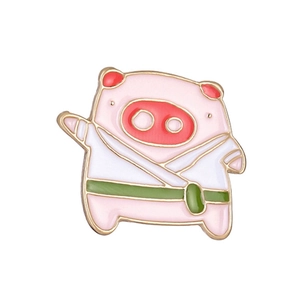 Cute cartoon pink pig enamel brooch wearing white judo uniform with green belt badge