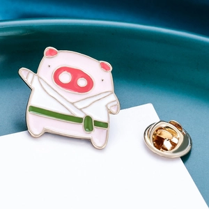 Cute pink pig enamel pin in white martial arts suit with gold alloy plating and butterfly clutch