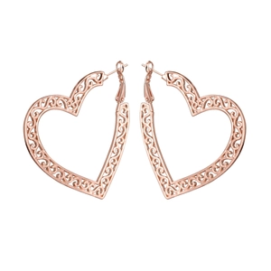 Bohemian rose gold hollow heart hoop earrings with intricate wave pattern design