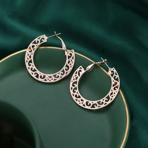 Bohemian hollow pattern hoop earrings in rose gold finish with intricate scroll design