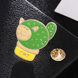 Cute enamel cat cactus brooch pin with yellow pot design and gold butterfly clutch