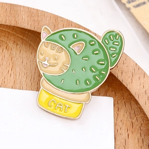 Cute enamel cat cactus brooch pin in yellow flower pot with creative cartoon design